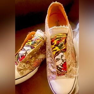 Rare Ed Hardy Gold Glitter Tiger Tattoo Slip-On Sneakers – Size 9 US women